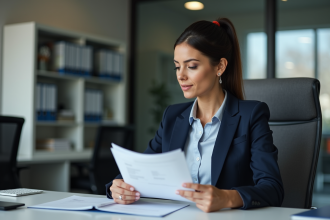 Femme d affaires en costume bleu dans un bureau moderne