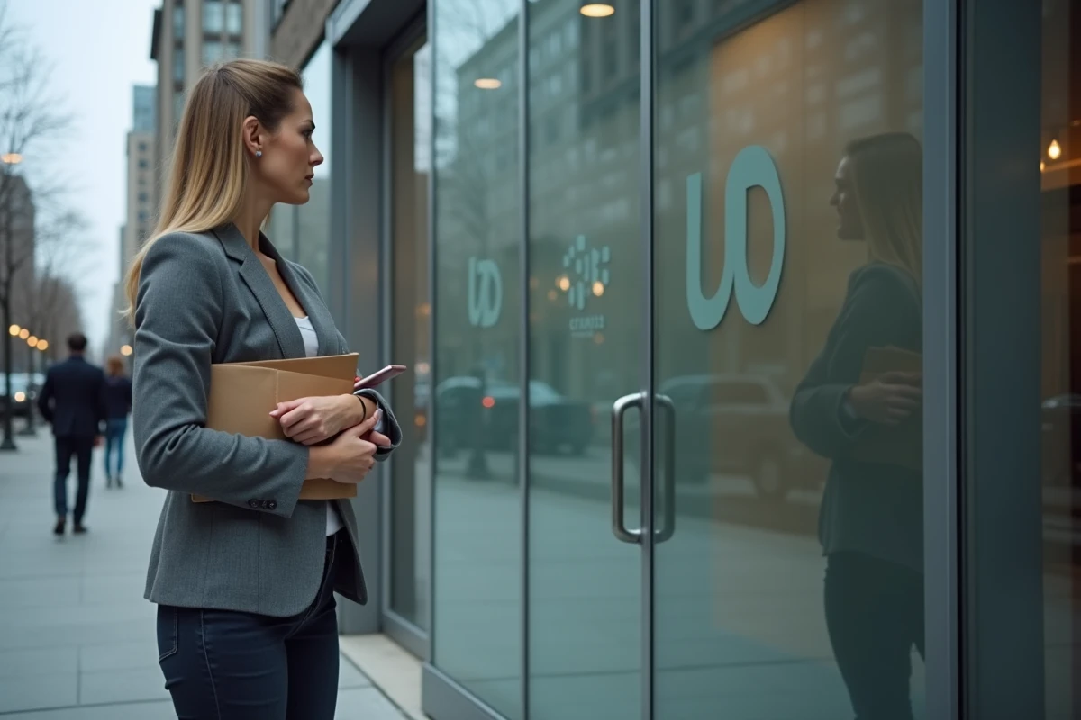 Femme d'affaires hésitante devant l'entrée d'une société anonyme identifiée uniquement par un sigle, illustrant la méfiance face aux entreprises peu transparentes