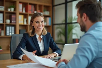 Femme d'affaires souriante discutant avec un client dans un bureau moderne