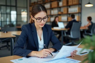 Femme en costume analysant des grilles de salaire au bureau