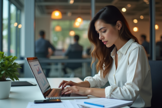 Femme analysant des données marketing sur un ordinateur