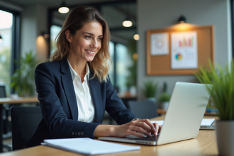 Femme en bureau analysant des données de campagne