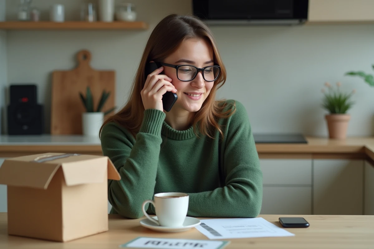 Jeune femme au t&eacute;l&eacute;phone v&eacute;rifiant une &eacute;tiquette de retour &agrave; la cuisine