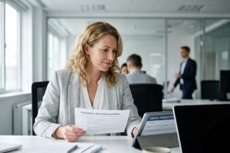 Femme professionnelle en bureau comparant documents papier et formulaire numérique pour simplifier l'administratif des sessions de formation