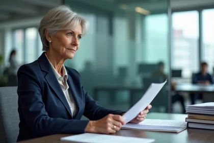 Femme d'une cinquantaine en r&eacute;union professionnelle