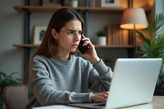 Femme au bureau à domicile cherchant le contact UPS sur son téléphone et ordinateur portable