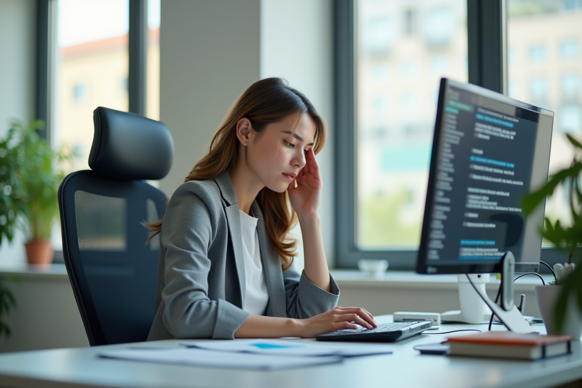Jeune femme au bureau fatiguée se massant la tête