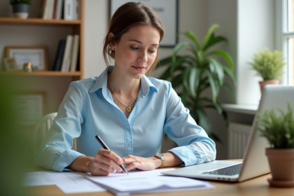 Femme au bureau &agrave; domicile travaillant sur documents