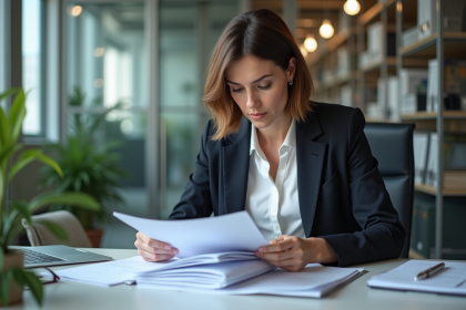 Femme d affaires examine des factures dans un bureau moderne