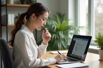 Jeune femme au bureau concentrée sur son ordinateur portable