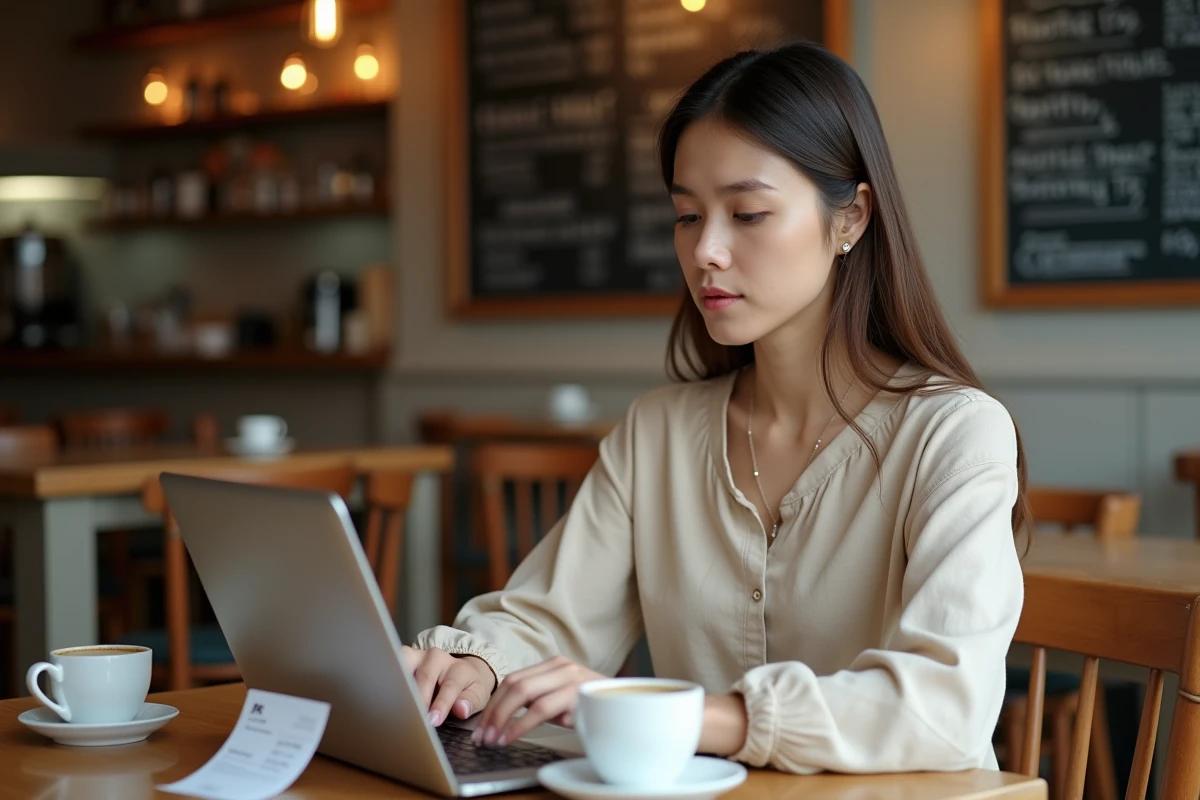 Jeune femme en café consultant une page de contact UPS sur son ordinateur portable avec un avis de passage
