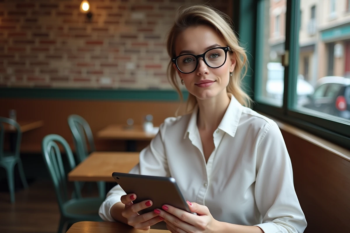 Femme lisant une tablette dans un caf&eacute; de ville
