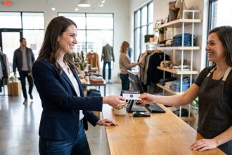 Femme souriante donnant une carte de parrainage en boutique