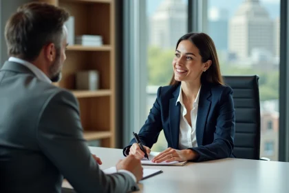 Femme en blazer navy en r&eacute;union de pr&eacute;paration