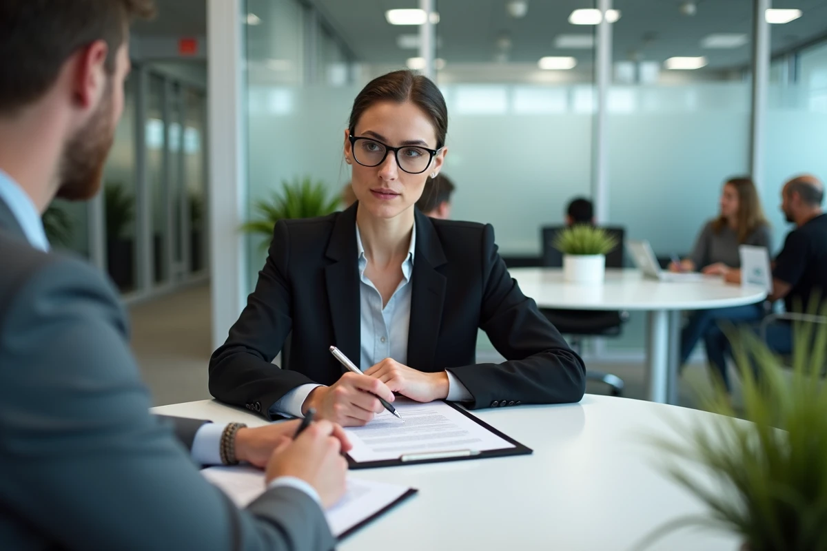 Femme en entretien conseil à l'agence pour l'emploi discutant des pièges du CSP après licenciement