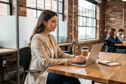 Femme travaillant dans un espace de coworking moderne après le déconfinement, assise à un bureau en bois avec un ordinateur portable