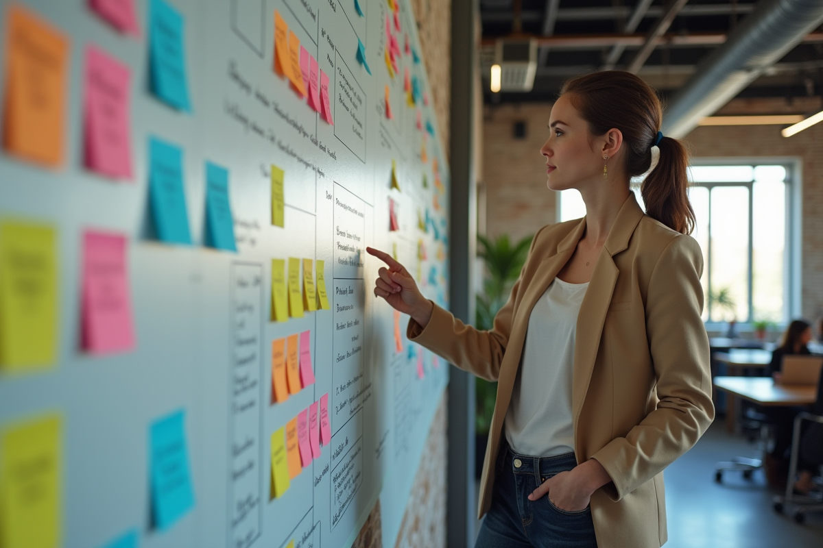 Jeune femme dans espace coworking montre diagrammes colorés