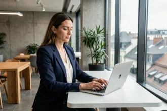 Femme professionnelle travaillant dans un espace de coworking moderne à Genève avec grandes fenêtres et mobilier design