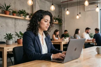 Femme professionnelle travaillant sur son ordinateur portable dans un espace de coworking moderne à Saint-Priest