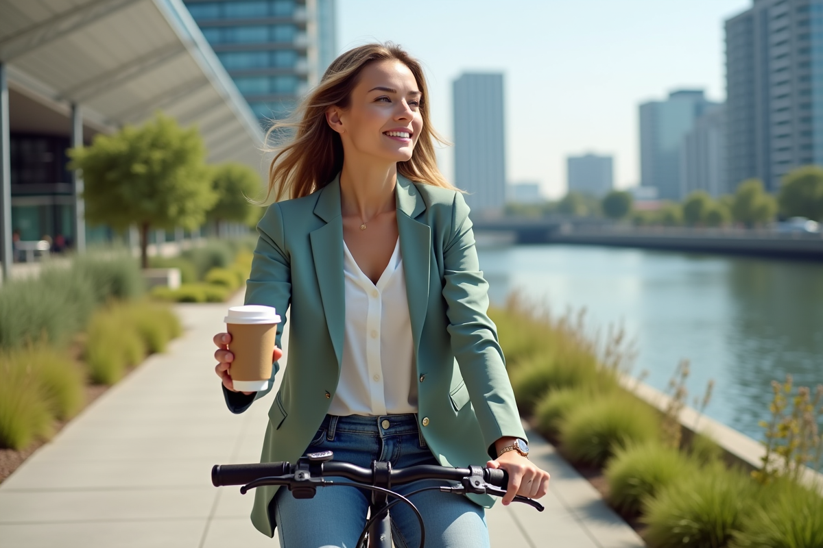 Femme en vélo avec tasse réutilisable sur promenade urbaine