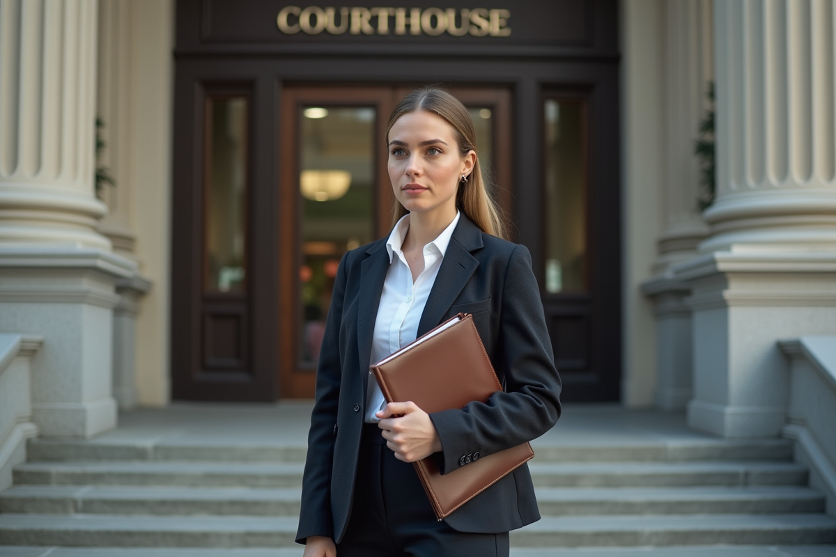 Femme debout devant un tribunal avec un dossier en main