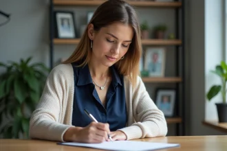 Femme écrivant une lettre de condoleances dans un bureau