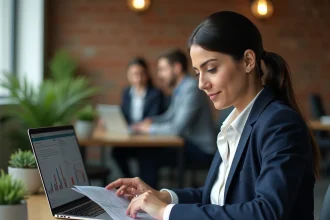 Femme entrepreneur analysant des documents d'aide à la création d'entreprise dans un espace de coworking moderne