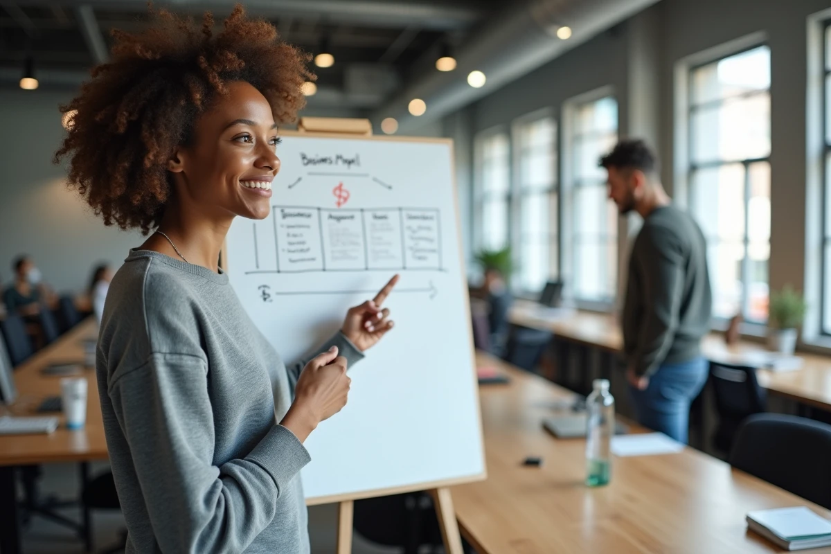Femme entrepreneur présentant un business model canvas dans un espace de coworking moderne