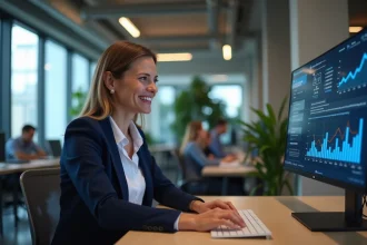 Femme entrepreneur consultant le tableau de bord de visibilité de son entreprise sur Hubentreprise360.fr dans un espace de coworking moderne