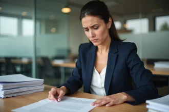 Une femme en blazer marine examine un contrat de travail CDD à son bureau, illustrant les questions liées à l'indemnité de précarité