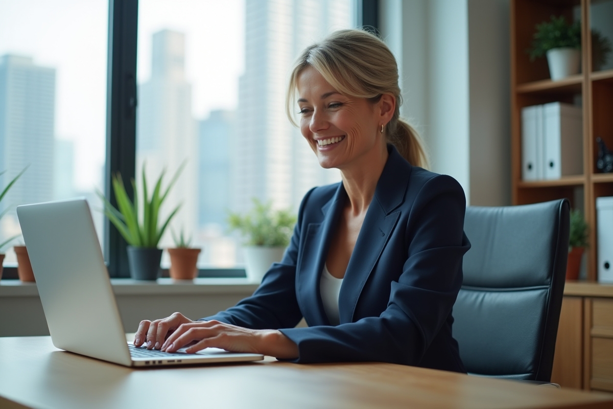 Femme cadre travaillant sur son ordinateur dans un bureau lumineux