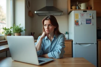 Femme brunette pensant devant son ordinateur dans une cuisine