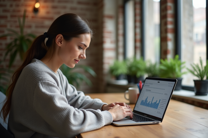 Femme d&eacute;tendue travaillant sur un ordinateur portable avec analytics