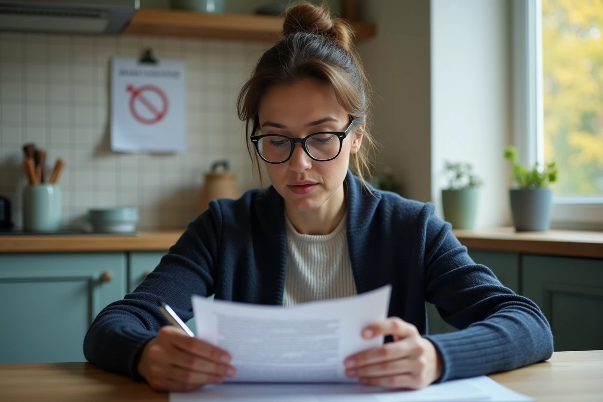 Femme lisant attentivement une lettre administrative sur ses droits au chômage et le contrat de sécurisation professionnelle