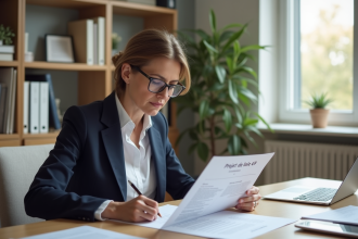 Femme française lisant un document législatif dans un bureau