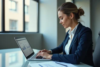 Femme d'affaires analysant des graphiques marketing dans un bureau moderne