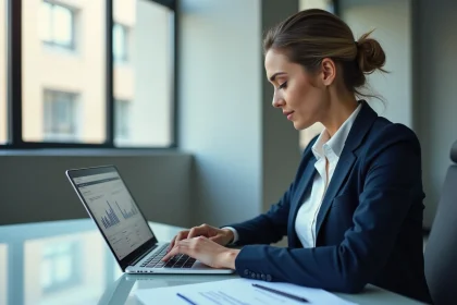 Femme d'affaires analysant des graphiques marketing dans un bureau moderne