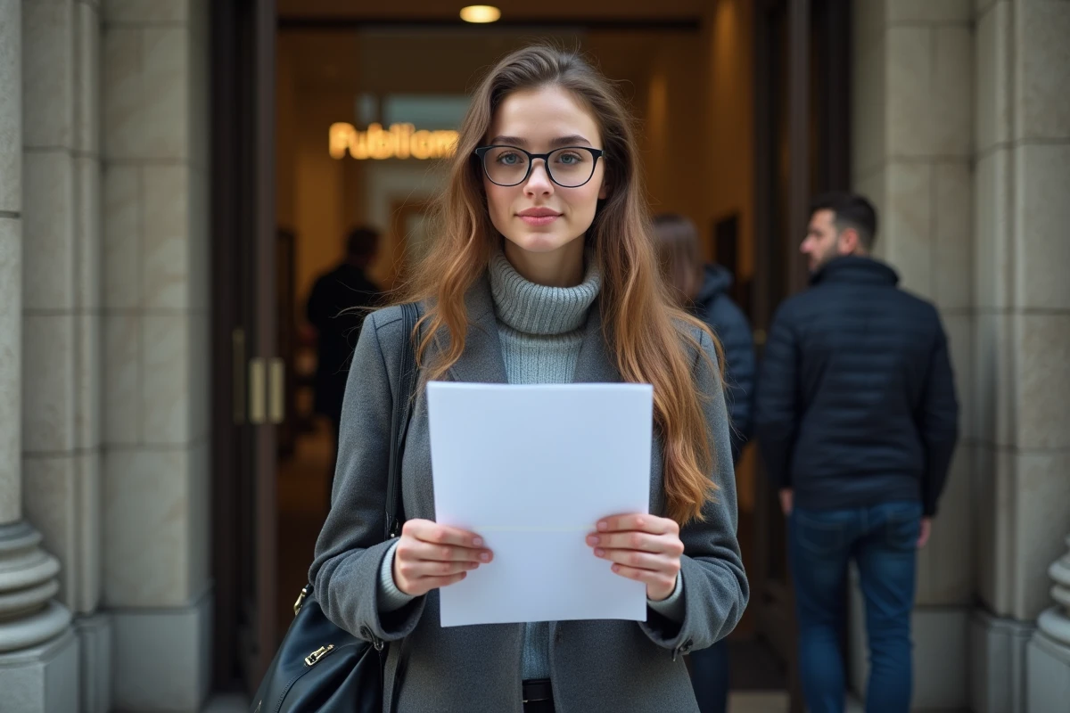 Jeune femme debout devant un bureau de ch&ocirc;mage avec papiers