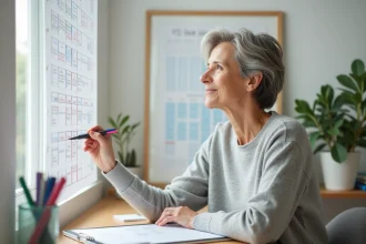 Femme organisant son année 2026 sur un calendrier mural dans un bureau à domicile
