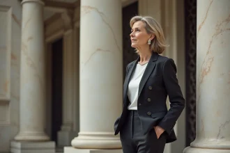 Femme élégante en tailleur près d'une colonne ancienne