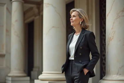 Femme &eacute;l&eacute;gante en tailleur pr&egrave;s d'une colonne ancienne