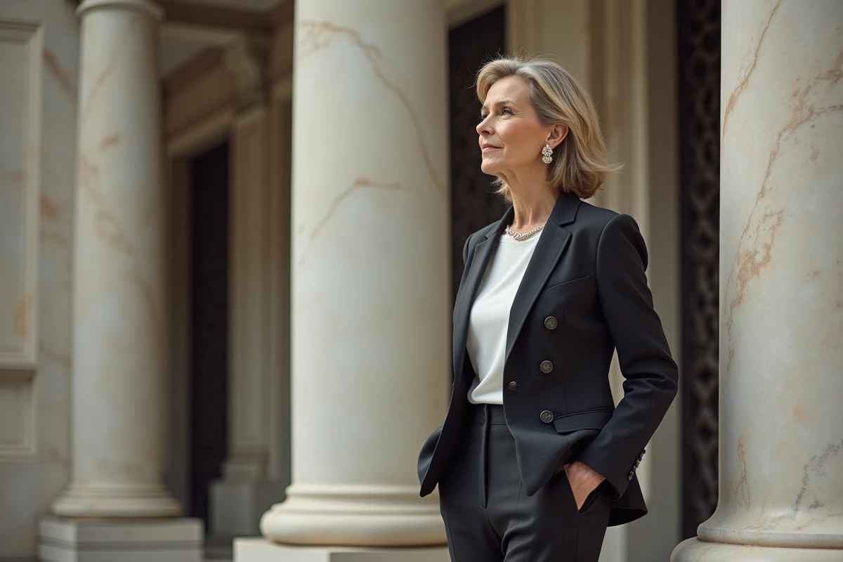 Femme élégante en tailleur près d'une colonne ancienne