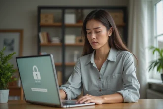 Femme frustrée devant son ordinateur portable tentant de se connecter à son extranet professionnel