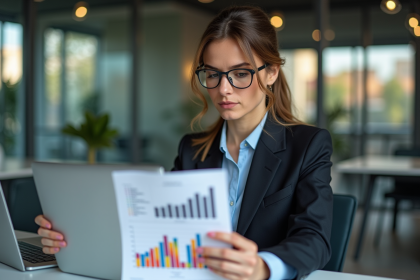 Femme professionnelle concentrée avec graphique dans un espace de coworking