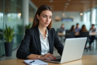 Femme d'affaires concentrée sur son ordinateur dans un espace moderne