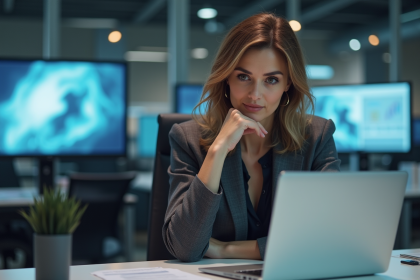 Femme d affaires en bureau moderne avec ordinateur portable