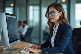 Femme professionnelle consultant un annuaire d'entreprises Eurodir sur son ordinateur de bureau dans un open space moderne