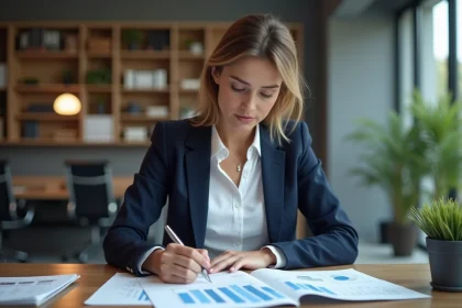 Femme professionnelle en bureau moderne avec rapports marketing
