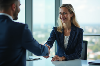 Femme en costume navy serrant la main de son manager dans un bureau moderne