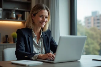 Femme professionnelle en visioconference dans un bureau moderne